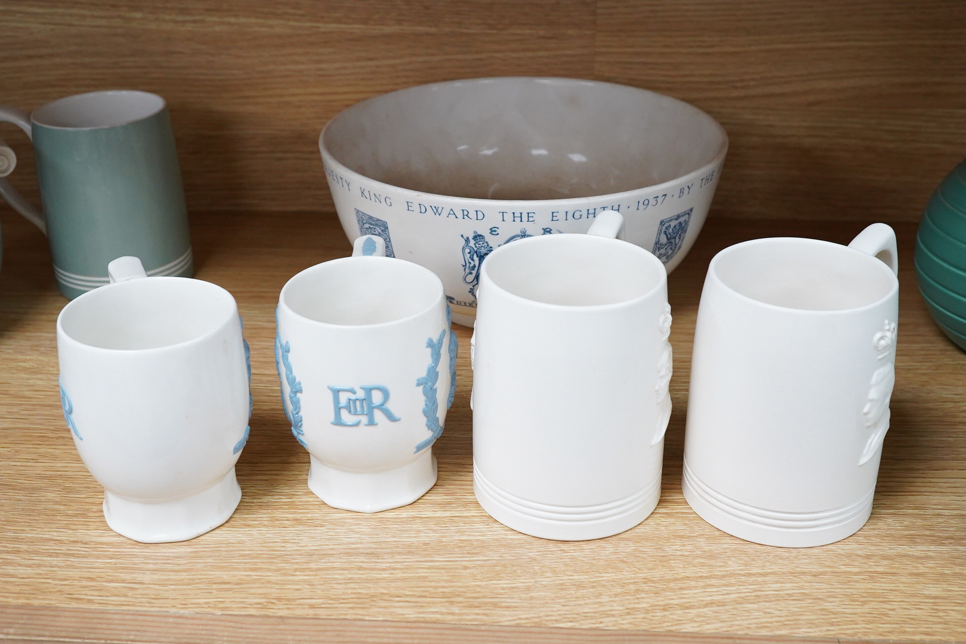Keith Murray for Wedgwood - a Coronation bowl dated 1937 and mugs dated 1937 and 1953